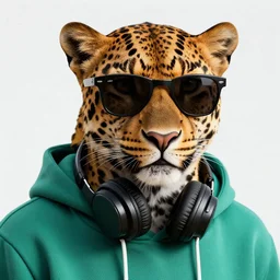 a photorealistic illustration of a leopard wearing black sunglasses with a teal green hoodie. headphones wrap around his neck. hyper detailed. this 4 k hd image is trending on artstation, featured on behance, well - rendered, extra crisp, features intricate detail, epic composition and the style of unreal engine.