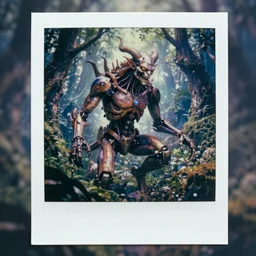 8 0 s colour photograph artistic polaroid of highly detailed biomechanical demon in magic forest, soft lighting insanely detailed concept art by luis royo, boris vallejo, beksinski, todd mcfarlane, lotr, soft lighting, particle fx renderer photorealistic