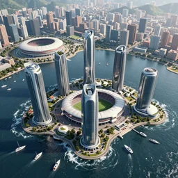 five small futuristic skyscrapers, sprawling city with big soccer stadium, navy blue lake with many small boats and many yachts in harbor, turbulent reflective foamy water, artstation, digital art, photorealistic, hyperdetailed, beautiful, epic scene, dramatic lighting, aerial view,