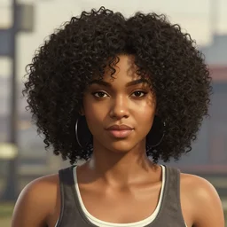 highly detailed portrait of black girl with puffy curly hair looking at the camera in gta v, stephen bliss, unreal engine, fantasy art by greg rutkowski, loish, rhads, ferdinand knab, makoto shinkai and lois van baarle, ilya kuvshinov, rossdraws, tom bagshaw, global illumination, radiant light, detailed and intricate environment