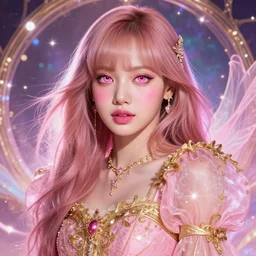 Lisa from Black Pink Kpop as magical princess, dreamy and ethereal, big pink eyes, pink blushes, peaceful expression, fantasy, intricate pink and gold ornate dress, modeling for Dulce and Gabanna, accurately portrayed, portrait art by James Jean and Alphonse mucha, highly detailed, digital painting, concept art, illustration, multiversal paradise shining rgb luxurious lights, trending on artstation, very detailed, smooth, sharp focus, octane render, close up