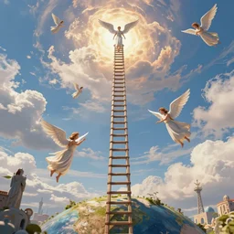 intricate details of jacob dreaming about a ladder that stretched from earth to heaven with angels ascending and descending, hyper realistic, ultra detail, octane render, cinematic, vivid, vibrant, artstation