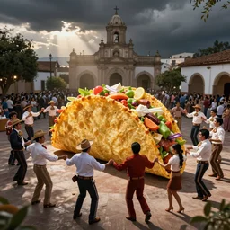 a crowd of mexicans dancing around a giant Taco in a wedding,
