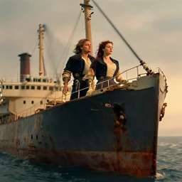 leonardo dicaprio and kate winslet in the movie titanic, but as skeletons, standing on the bow of an abandoned rusty cargo ship in a desert.