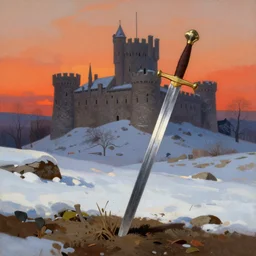 a sword sticking out of the ground, a castle in the background, sunset, snow, matte painting, frank frazzetta