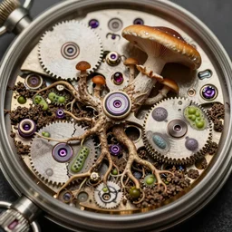 detailed view from inside a clockwork watch, entangled roots covered in mushrooms, cracked earth, living microorganisms, decaying, hyper realistic photo, full colour, upscale, 8 k