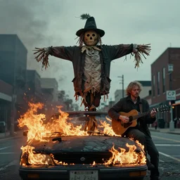 city, ballard, folk horror, car on fire, scarecrow, brett anderson singing