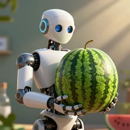 a robot holding a watermelon. sharp focus, trending on artstation, hyperdetailed, illustration, digital art, crepuscular ray, cinematic lighting, unreal engine