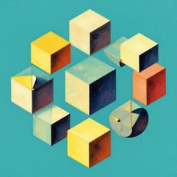 cubes and tesseracts. retro art by jean giraud. fibonacci. by brian froud, yoshitaka amano, kim keever, victo ngai