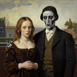 of two scary cyborgs as the couple in the painting american gothic 4 k photorealism hd
