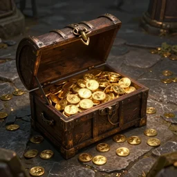 stone floor, opened chest claws full of gold, dnd fantasy digital art, high detail, realistic