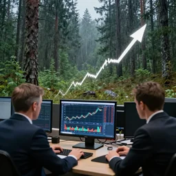 photography of business people worshipping a computer showing stock charts going up, in the humid and rainy norwegian forest, photorealistic photoshop montage, 4 k, trending on artstation