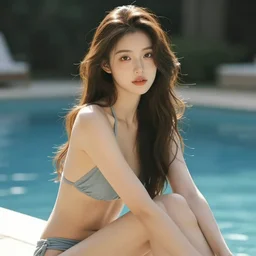 beautiful girl sitting by a pool, in the style artgerm, digital art, trending