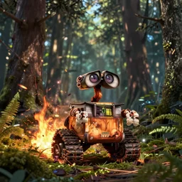 Pixar animation of wall-e burning a forest