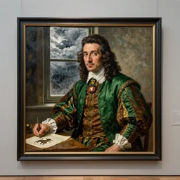 museum painting, wide - shot, 6 0 years old handsome man with dark hair, wearing rich clothes of 1 7 th century, green and brown, by the table with papers, with a crowned bear crest, background is a window, bad weather, clouds and rain outside, sharp focus, highly detailed, digital art, oil painting, masterpiece, by artgerm, by greg rutkowski,