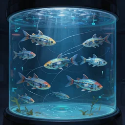 cybernetic fishes in a futuristic aquarium with entangled data cables around it, digital painting, concept art, trending on artstation, epic composition, wlop. rossdraws, sharp focus