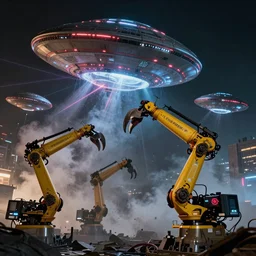 apocalyptic scene of jcb yellow robot arms with claws reaching out to try and catch fast moving ufos, tuned to a dead channel, in the style of blade runner, cyberpunk, laser, smoke, debris