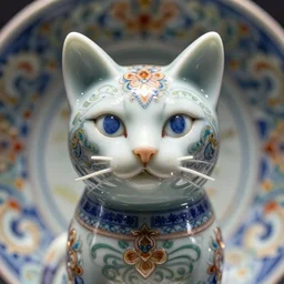 a single close up photo - real delicate ceramic porcelain sculpture of an ornate symmetrical persian cat detailed in front of an intricate background by victo ngai and takato yamamoto, micro detail, backlit lighting, face in focus, subsurface scattering, translucent, thin porcelain, octane rendered, colorful, physically based rendering, japanese pottery, trending on cgsociety