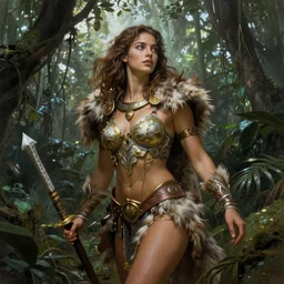 beautiful woman living in the jungle with fur armor, by Frank Frazetta, Greg Rutkowski, Boris Vallejo, epic fantasy character art, Exquisite detail, post-processing, low angle, masterpiece, cinematic