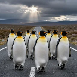 penguins in bandanas walking across the road