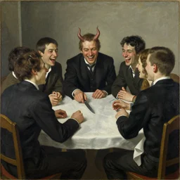 a group of friends sitting and laughing around a table. One of the people at the table has demon horns and is reaching for a knife without anyone noticing. By Max Ernst. By Ismail Inceoglu. By Phuoc Quan