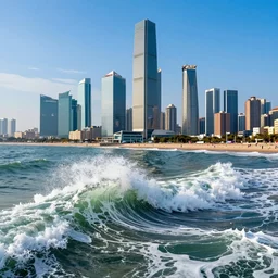 a huge tidal wave approaches a large coastal city with skyscrapers, digital art, highly detailed, realistic, bright colors, 8 k