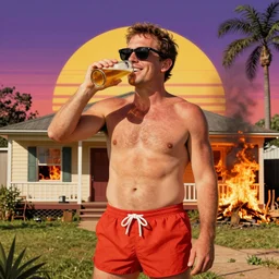 an aussie bogan wearing shorts, sunglasses, drinking beer, smirking with missing teeth, unfazed that his house is on fire, a beautiful retrowave artwork