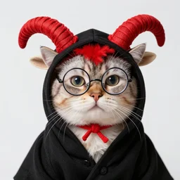 a cat wearing a black robe with red fuzz, round glasses, red goat horns, close up, 4k, detailed, professional photography