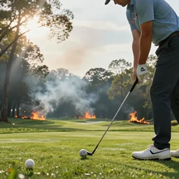 close-up of an athletic golf player in a green lush golf course, low angle, landscape of a burning forest, smoke fire, sunlight shining through the branches of trees, digital painting, cinematic, 4k, particles light, Noah Bradley, ilya kuvshinov