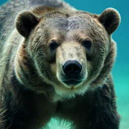 a bear underwater, close up, green light, high quality, sharp focus