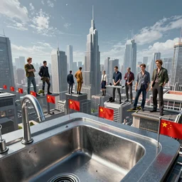 futuristic city on the edge of steel kitchen sink red propaganda flags by ross tran, thierry doizon, craig mullins, ilya kuvshinov, artgerm, edward hopper, dan mumford, wlop, rutkovsky, carl spitzweg, moebius, unreal engine 5, lumen, nanite