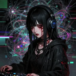 bloody anime girl wearing headphones, hardcore techno, electronic music, crossbreed, esoteric fractal glitchy background, dark and gothic, brutal, somber, stylized, japanese, artstation, highly detailed, noisy, vhs glitch, expired film, amazing composition, 4 k