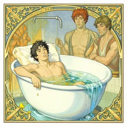 person bathing in concentrated sulphuric acid illustration by joe fenton, syd mead, p. craig russell and barry windsor - smith, artstation, 4 k, graphic novel, concept art, matte painting, art nouveau