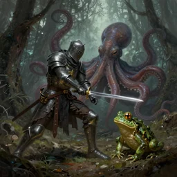 a knight with a sword fighting cthulhu octopus frog, full body shot, highly detailed, forest, digital painting, concept art, sharp focus, illustration, masterpiece, matte painting, glorious, unsettling, by lovecraft and greg rutkowski, luis royo and wayne barlowe, artstation