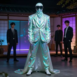 concept art, ninja  gaiden in a suit made of iridiscent fabric, radio goggles, iridiscent, cinematic lighting at night, neon, indoor, japanese villa  syd mead, tim walker, roger deakins, masterpiece, fashion design