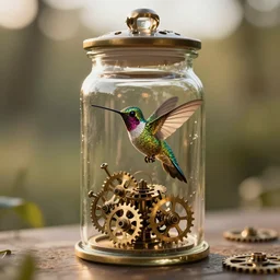 a clockwork steampunk hummingbird in a jar. golden hour.