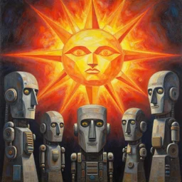a painting of a blazing geometric sun above a totem of robot heads, detailed, 4 k, by stanley donwood philippe druillet and victo ngai, juan gimenez