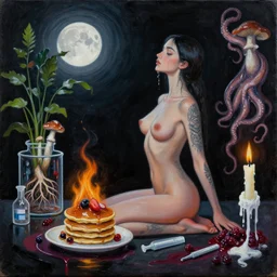 sensual female painting, yoga, pancakes, fire smouldering, tattoo, midnight, dark, black background, wet, moonlight, berries, octopus, surgical supplies, mushrooms, plants with roots in scientific glassware, fungus, candle dripping white wax, berry juice drips, neoexpressionism, surrealism, acrylic and spray paint and oilstick on canvas