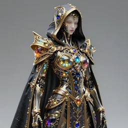 cybernetic crystal assassin, award winning concept art, realistic, smooth matte, intricate linework, beautiful spectrum of colorful gems on dark intricate armor cloak, cyborg, clear focus, glowing, baroque, hooded, ornate! gold!, specular, futuristic, detailed, moody, magical, wlop, chebokha, rutkowski, artgerm, shinkai
