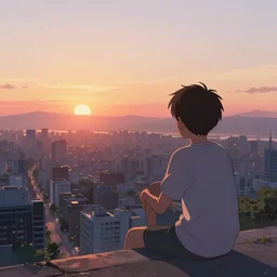 a boy sitting watching sunrise over a beautiful city, by yoshitaka amano, trending on artstation, 8 k, high resolution, insanely detailed and intricate, beautiful, matte painting, unreal engine