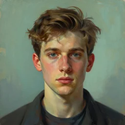 A beautiful portrait of young man, digital art by Edward Hopper, vibrant color scheme, highly detailed, in the style of romanticism, fine Art, high detail, great lighting, 8k resolution, masterpiece, concept art, illustration, clear eyes, soft lighting, soft details, painting oil on canvas, octane render, HDR, trending on artstation, 4k, 8k, HD