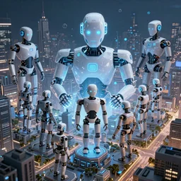 A new social network of robots creating new cities under the control of a giant AI overlords. Hyperrealistic. 4k. octane render.