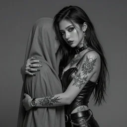 Hot young woman, grey skin, tattoos, wearing leather and hugging a shrouded figure digital art