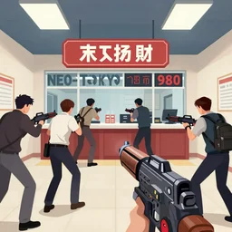 an action packed screenshot of a multiplayer first person perspective bank robbery simulator game, Set in Neo-Tokyo 1980, anime style graphics inspired by Ghost in the shell + Akira + Cowboy Bebop, Unreal engine 5, Highly Detailed, Vibrant, created by Arc System Works + Hideo Kojima