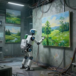 robots painting thomas kinkade green landscapes on canvases hung on walls in an abandoned server farm, concept art, sci - fi, cinematic volumetric lighting, tangled wires, kitbashing, greeble