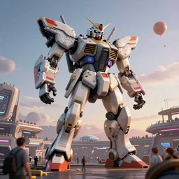 a beautiful hyperrealistic ultradetailed 3 d render of a gigantic mecha guarding a sci - fi spaceport, by simon stalenhag : 3, mech, unreal engine, octane render, gigantic, unreal engine, octane render, 3 d, brilliantly coloured, intricate, ultra wide angle, trending on artstation, dusk, volumetric lighting, hdr, polished, micro details, ray tracing, 8 k : 2, people, sphere, balloon, blurry, blur, depth of field, dof, bokeh, obscured, macro : - 1