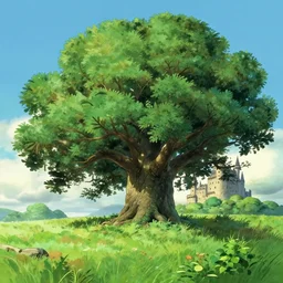 a landscape of a single ancient oak tree, castle in the sky, animated, anime, illustrated, vibrant, overgrown, by studio ghibli, anime on artstation