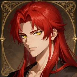portrait of hisoka morow hunter hunter, male, sharp jaw yellow eyes narrow sultry eyes red hair soft hair swept back!! crimson medium length hair, anime, fantasy, intricate, elegant, highly detailed, digital painting, artstation, concept art, matte, sharp focus, illustration, art by artgerm and greg rutkowski and alphonse mucha