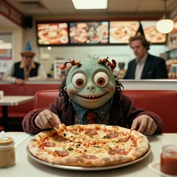 the strange pizza creature at the fast food restaurant, film still from the movie directed by denis villeneuve and david cronenberg with art direction by salvador dali and zdzisław beksinski,