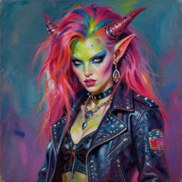 portrait of a scifi apocalyptic demonic orc goblin female biker babe character, cool pose, psychedelic vibrant colors, futuristic punk rock fashion, oil painting by michael whelan art, sharp focus, realistic, detailed eyes, 8 0 s hair, studded leather jacket, 8 k